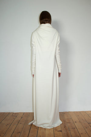 White circular-drape wool dress
