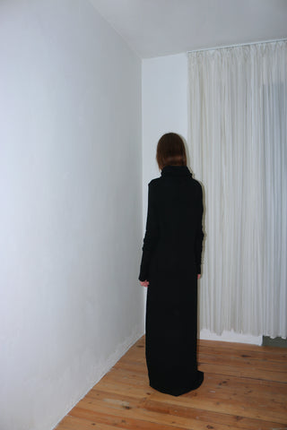 Black circular-drape wool dress