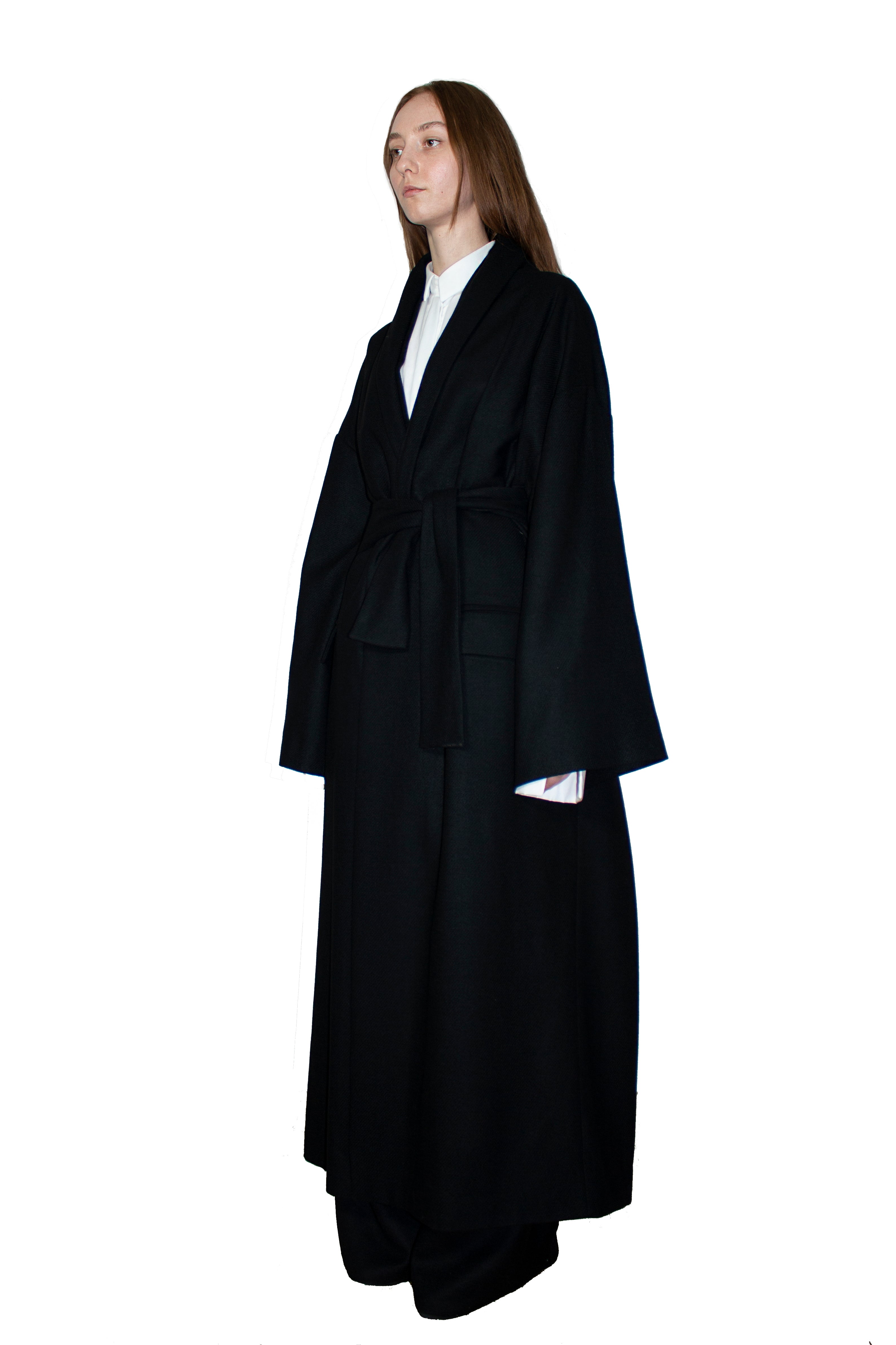 Black double shawl wool coat