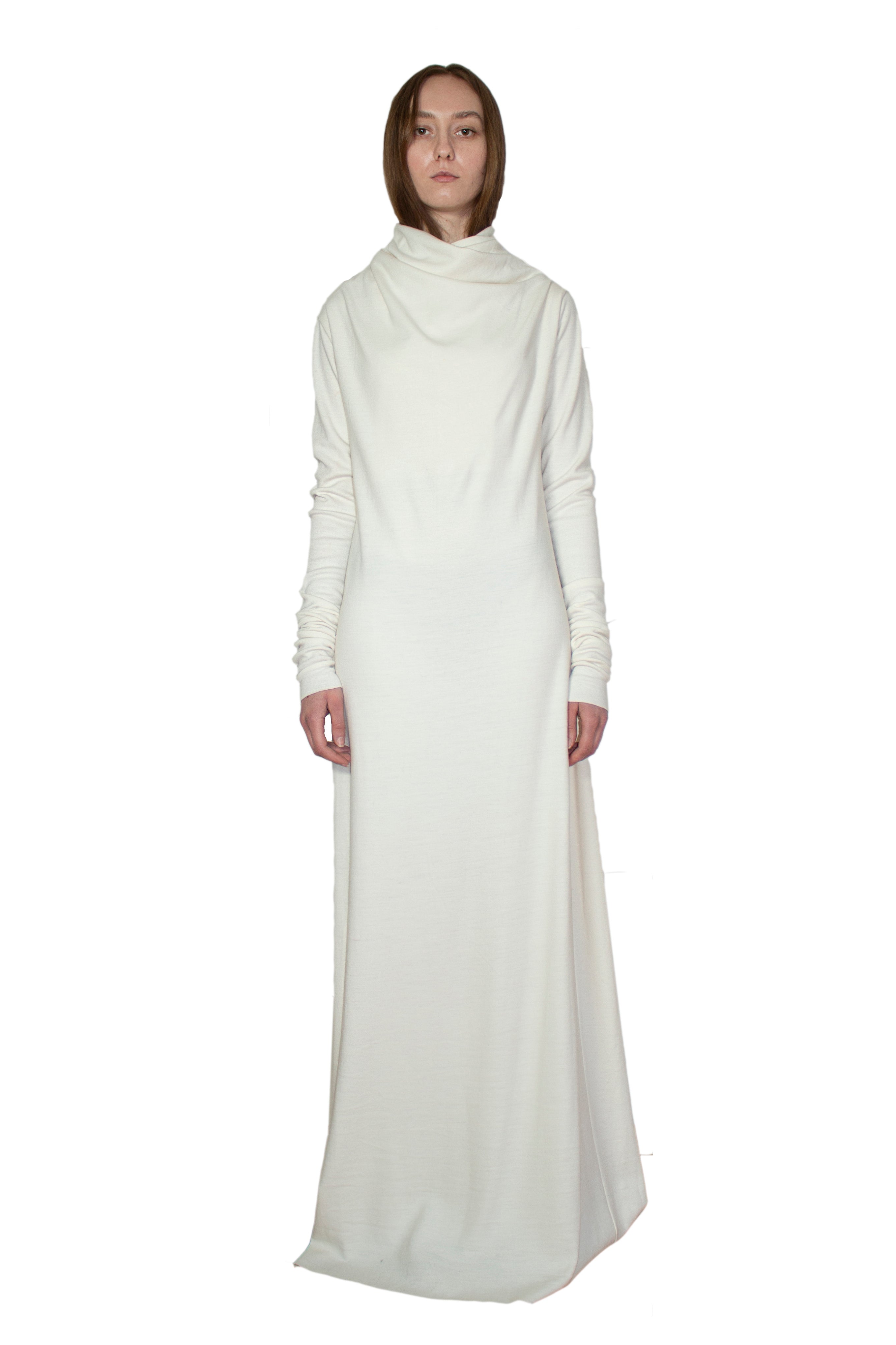 White circular-drape wool dress